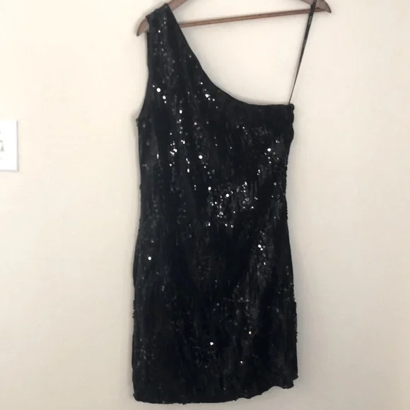 Nicole Miller Elegant Sequined Black midi Dress single shoulder strap size 12 - Picture 2 of 11